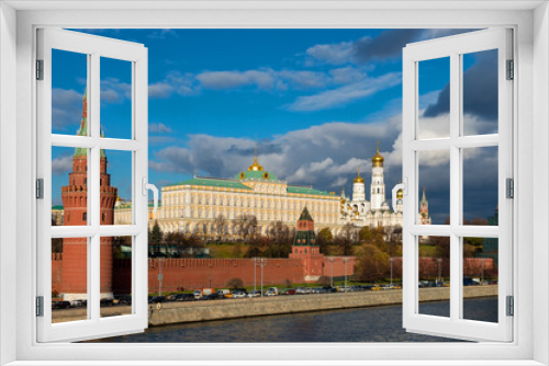 View of the Moscow Kremlin and the Kremlin Embankment of Moscow River  on a autumn day