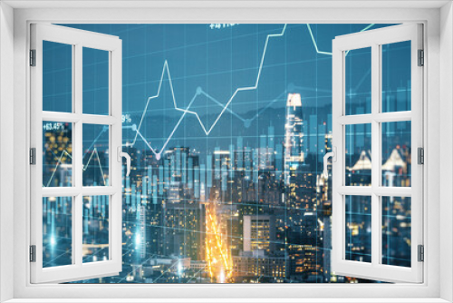 Fototapeta Naklejka Na Ścianę Okno 3D - Abstract virtual financial graph hologram on San Francisco skyline background, forex and investment concept. Multiexposure