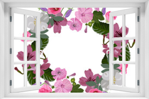 Fototapeta Naklejka Na Ścianę Okno 3D - Vector floral wreath. Petunia, bells, wild rose, mallow with buds and leaves. In the center there is a place for text. Isolated on transparent background.