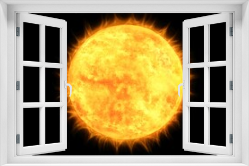 Fototapeta Naklejka Na Ścianę Okno 3D - Yellow star in space. Sun isolated on a black background. Surface and atmosphere of our star 3d illustration. 