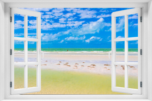Fototapeta Naklejka Na Ścianę Okno 3D - Beautiful Holbox island beach sandbank panorama turquoise water waves Mexico.