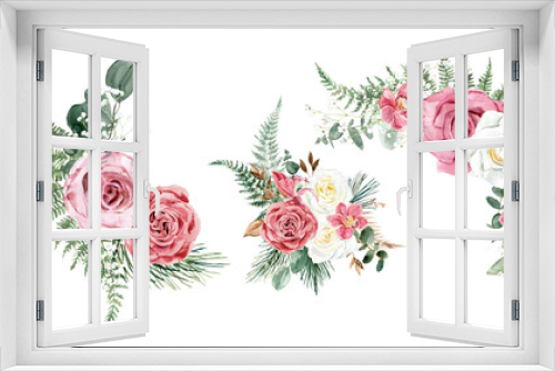 Fototapeta Naklejka Na Ścianę Okno 3D - Watercolor floral bouquet with white, dusty pink roses, eucalyptus, flowers, orchids, green leaves. For invitations, backgrounds, wedding sets, fashion, scrapbooking, digital paper.