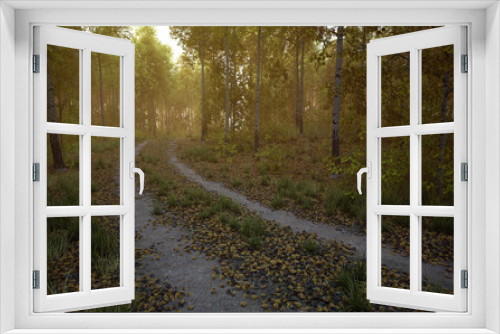 Fototapeta Naklejka Na Ścianę Okno 3D - Dirt road with tire tracks in an autumn forest on a sunny misty morning. 3D render.