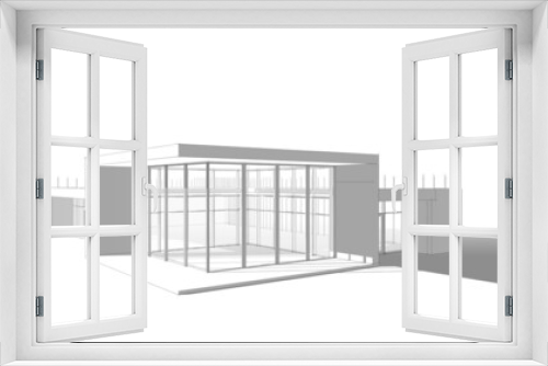 Fototapeta Naklejka Na Ścianę Okno 3D - Modern flat roof house or commercial building in  drawing style. Minimalist black linear sketch isolated on white background. 3d rendering