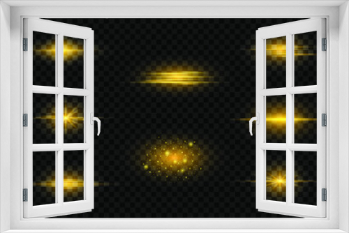 Fototapeta Naklejka Na Ścianę Okno 3D - A set of flashes, lights and sparks. Abstract golden lights isolated on a transparent background. Bright golden flashes and highlights. Bright rays of light. Glowing lines. Vector illustration. EPS 10