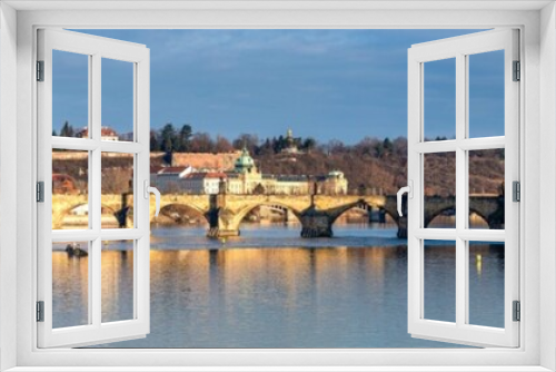 Fototapeta Naklejka Na Ścianę Okno 3D - Prague in the morning, Charles Bridge against the blue sky, cityscape, panoramic shot