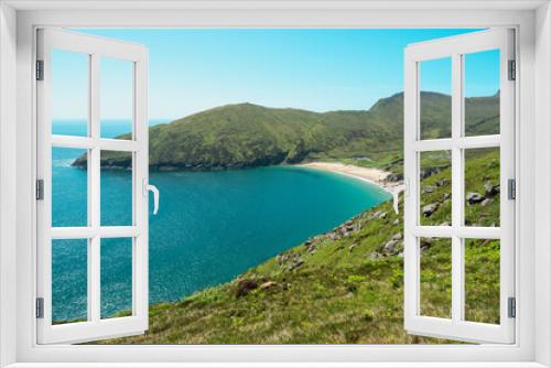 Fototapeta Naklejka Na Ścianę Okno 3D - Picturesque nature scene with blue ocean, sky and sand beach, Keem bay and beach, Achill island, Ireland, Warm sunny day. Popular travel destination with amazing nature scenery.