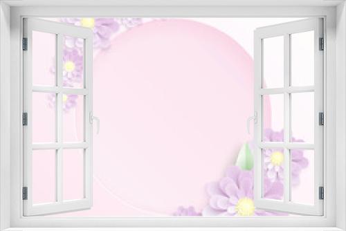 Fototapeta Naklejka Na Ścianę Okno 3D - Cute pastel vector paper cut background with purple flowers, green leaves and a round hole in a center. Floral template design with violet layered elements for greeting card or wedding invitation