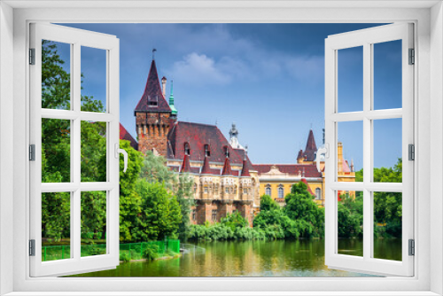 Budapest, Hungary. Lakeside Castle of Vadjahunyad, summer travel destination.