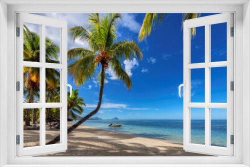 Fototapeta Naklejka Na Ścianę Okno 3D - Tropical beach with palm trees and turquoise sea in Mauritius island.