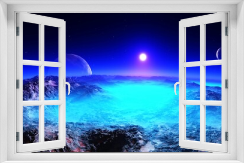 Fototapeta Naklejka Na Ścianę Okno 3D - Incredibly beautiful alien landscape at the rising of a star and a parade of planets, alien world, the surface of another planet, fantastic landscape 3D rendering