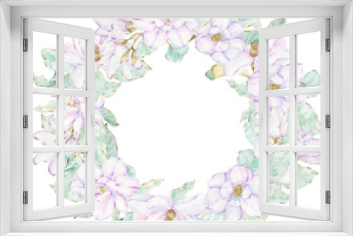 Fototapeta Naklejka Na Ścianę Okno 3D - Wreath of Magnolia flower. Watercolor frame for advertising, greeting card and banners design. Floral Mother's day template. Pink magnolia Valentine's Day wreath.