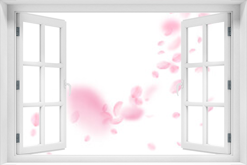 Sakura petals falling down. Romantic pink flowers corner. Flying petals on white square background. Love, romance concept. Surprising wedding invitation.