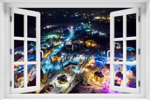 Fototapeta Naklejka Na Ścianę Okno 3D - Sheregesh Kemerovo region ski resort in winter, night landscape on mountain and hotels, aerial view