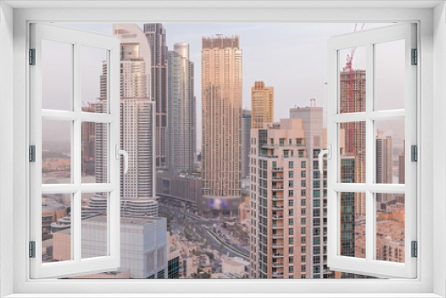 Aerial panoramic skyline of a big futuristic city timelapse. Business bay and Downtown