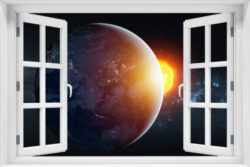 Fototapeta Naklejka Na Ścianę Okno 3D - Planet earth planet in deep space against blue nebula and glowing hot sun. Outer space dark wallpaper with Eatrh surface view. Elements of this image furnished by NASA.