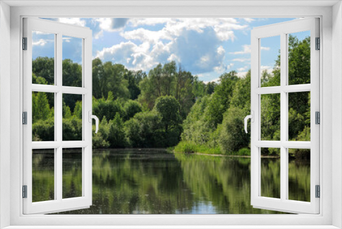 Fototapeta Naklejka Na Ścianę Okno 3D - Daylight on a river, trees reflection in water. Summer landscape