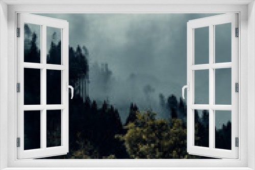 Fototapeta Naklejka Na Ścianę Okno 3D - Mountain Pine Trees Lost in Moody Fog