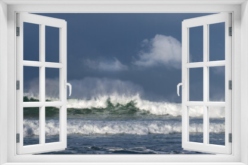 Fototapeta Naklejka Na Ścianę Okno 3D - Seascape. Powerful ocean wave on the surface of the ocean. Wave breaks on a shallow bank. Stormy weather, stormy clouds sky background.