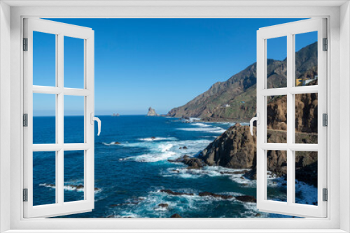 Fototapeta Naklejka Na Ścianę Okno 3D - Panoramic view on lava rocks of Playa del Roque de las Bodegas and blue Atlantic ocean, Anaga national park near Tanagana village,  North of Tenerife, Canary islands, Spain