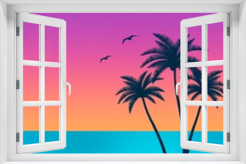 Fototapeta Naklejka Na Ścianę Okno 3D - Palm trees with night gradient background, concept framework, drink, artwork, splash, wallpaper, card, summer, sea ​​view, sky