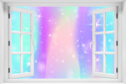Fairy background with rainbow mesh.  Trendy universe banner in princess colors. Fantasy gradient backdrop with hologram. Holographic fairy background with magic sparkles, stars and blurs.