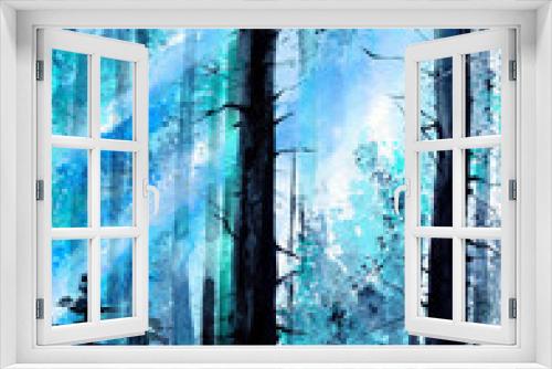Fototapeta Naklejka Na Ścianę Okno 3D -  Watercolor picture of a beautiful twilight forest with a lot of trees, green grass and rays of light