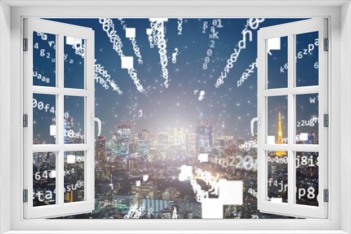 Fototapeta Naklejka Na Ścianę Okno 3D - 東京の都市風景　デジタル　テクノロジー　コンセプト