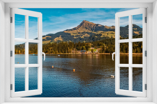 Fototapeta Naklejka Na Ścianę Okno 3D - High resolution stitched panorama view with reflections at the Schwarzsee lake, Tyrol, Austria