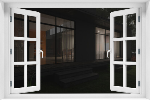 Fototapeta Naklejka Na Ścianę Okno 3D - Concrete House Detail with Its Patio and Softly Illuminated Rooms After Dark 3D Rendering