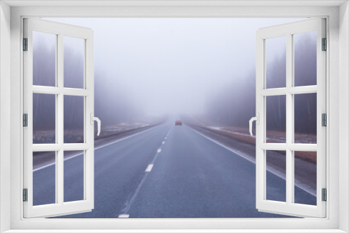Fototapeta Naklejka Na Ścianę Okno 3D - road in fog concept, mist in october halloween landscape, highway
