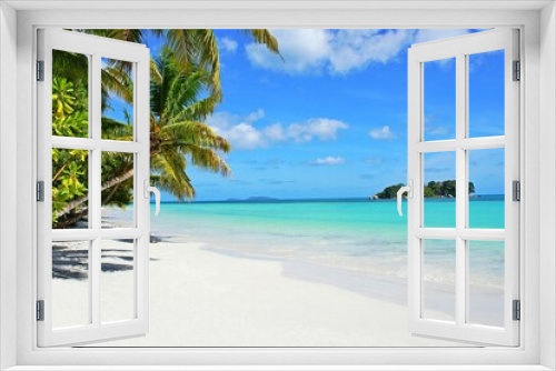 Fototapeta Naklejka Na Ścianę Okno 3D - Beach with coconut palm trees. Beautiful palm beach on tropical island. White sand beach with trees on shore Indian ocean. Paradise secluded beach at summer season.