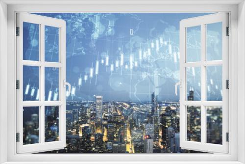 Fototapeta Naklejka Na Ścianę Okno 3D - Double exposure of abstract creative financial chart hologram and world map on Chicago city skyscrapers background, research and strategy concept