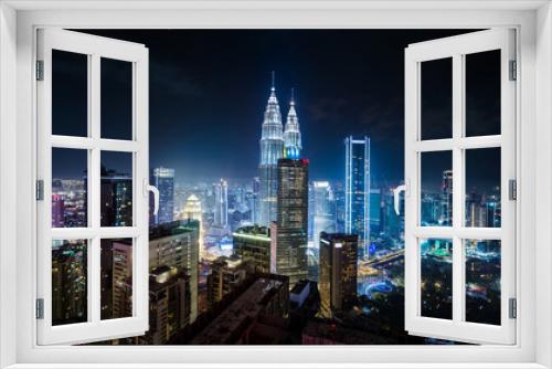 Fototapeta Naklejka Na Ścianę Okno 3D - Panorama aerial night view of Kuala Lumpur city skyline. Malaysia. Blue mode