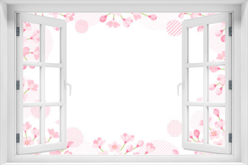 Fototapeta Naklejka Na Ścianę Okno 3D - 桜の花とドットとストライプ柄の円の飾りフレーム