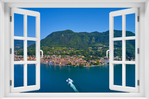 Fototapeta Naklejka Na Ścianę Okno 3D - Salò on Garda Lake in the summer, little village in italy, view by Drone for your holidays in Italy.