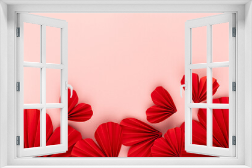 Fototapeta Naklejka Na Ścianę Okno 3D - Passion love Valentine day background with red paper hearts of asian fans in modern fashion style fly on cute soft light pastel pink backdrop, footer border, copy space, top view.