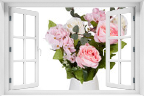 Fototapeta Naklejka Na Ścianę Okno 3D - Subject shot of graceful bouquet of tender pink and white roses in a white ceramic vase. The bouquet of flowers for interior decorating is isolated on the white background. 