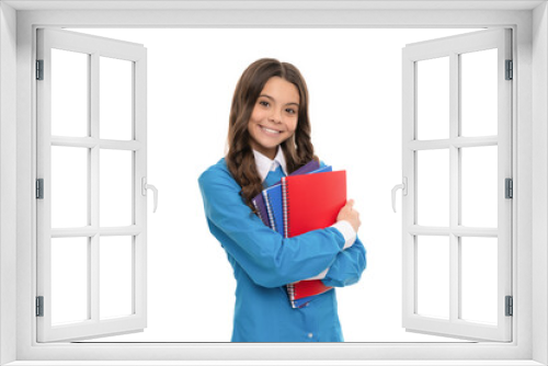 cheerful face of teen girl with long curly hair hold school workbook isolated on white, homework