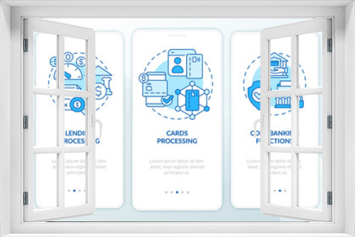 Automated banking blue onboarding mobile app screen. Autonomous operation walkthrough 5 steps graphic instructions pages with linear concepts. UI, UX, GUI template. Myriad Pro-Bold, Regular fonts used