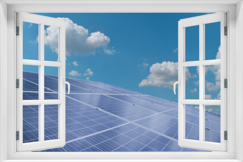 Fototapeta Naklejka Na Ścianę Okno 3D - Solar module panels against blue sky background. Environmental energy resources concept.