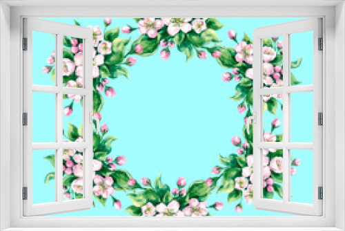 Fototapeta Naklejka Na Ścianę Okno 3D - Round frame of flowers, buds and leaves of a spring apple tree. Painted in watercolor, isolated on turquoise background for your design, print, congratulations.