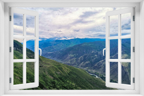 Panoramic view of the mountains from the ancient village of Goor. Russia, Dagestan 2021