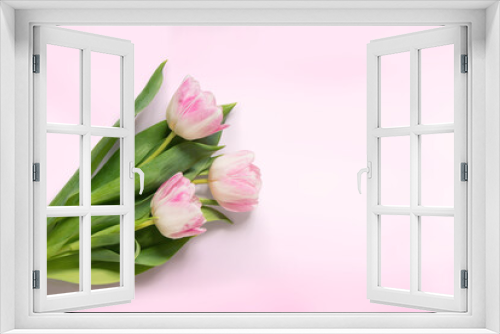 Fototapeta Naklejka Na Ścianę Okno 3D - Bouquet light pink tulip flowers on soft pink background