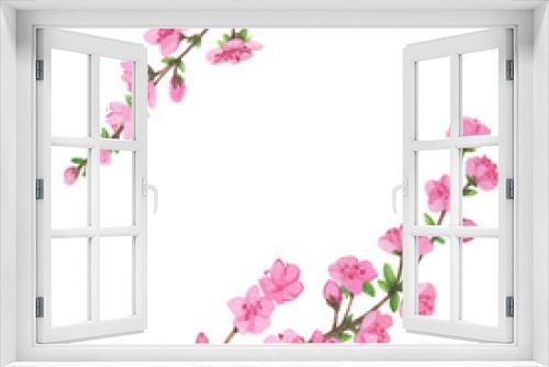 Fototapeta Naklejka Na Ścianę Okno 3D - Watercolor drawing isolated with sakura flowers, cherry flowers and young green leaves, flower greeting card design. Sakura beautiful spring floral collection