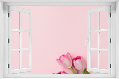 Fototapeta Naklejka Na Ścianę Okno 3D - bouquet of pink tulips on blank pink background