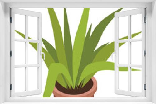 Fototapeta Naklejka Na Ścianę Okno 3D - Pot with houseplant isolated at white background. Vector flowerpot of decorative green plant with long leaves in ceramic pot. Indoor plant concept of domestic greenery. Icon for home interior plant