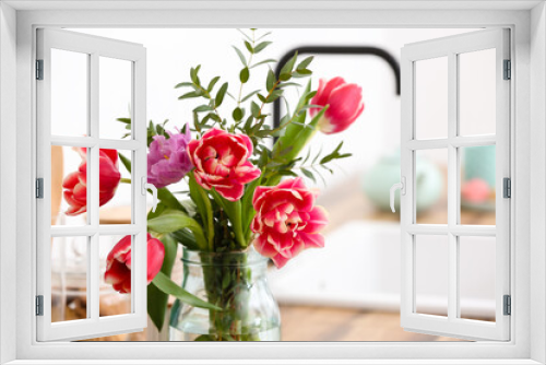 Fototapeta Naklejka Na Ścianę Okno 3D - Vase with tulips and eucalyptus branches, closeup