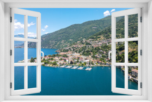 Fototapeta Naklejka Na Ścianę Okno 3D - Aerial view of Bellano, panoramic view from the drone to the famous old Italy town of Como lake. Near Varenna and Lierna, Bellano is a small town in Como, near Lecco, in Lombardia.