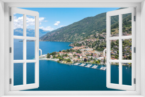Fototapeta Naklejka Na Ścianę Okno 3D - Aerial view of Bellano, panoramic view from the drone to the famous old Italy town of Como lake. Near Varenna and Lierna, Bellano is a small town in Como, near Lecco, in Lombardia.